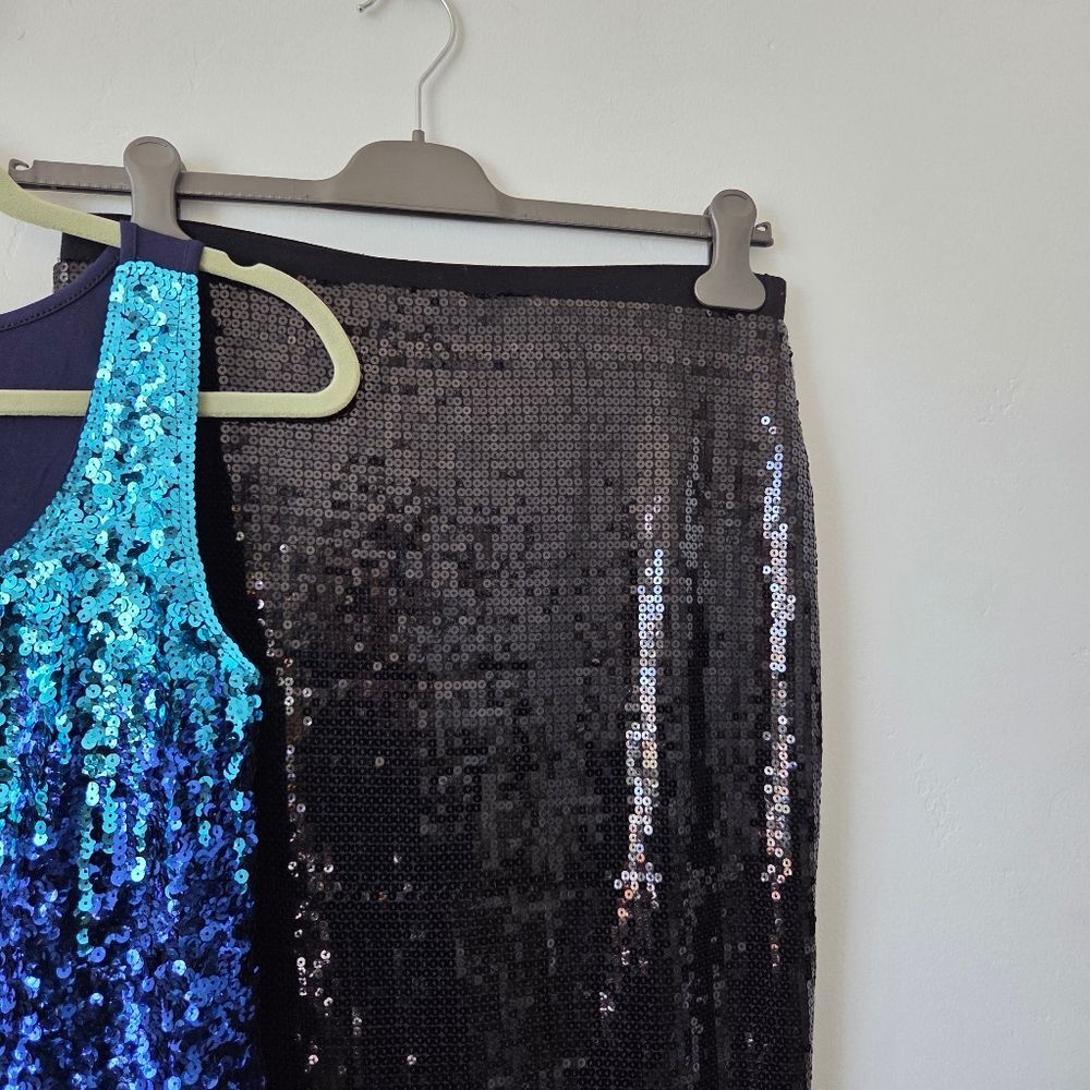 Sequin Set Skirt Camisole Party Flashy Fun Outfit Blue Black Cocktail Medium - Picture 6 of 10